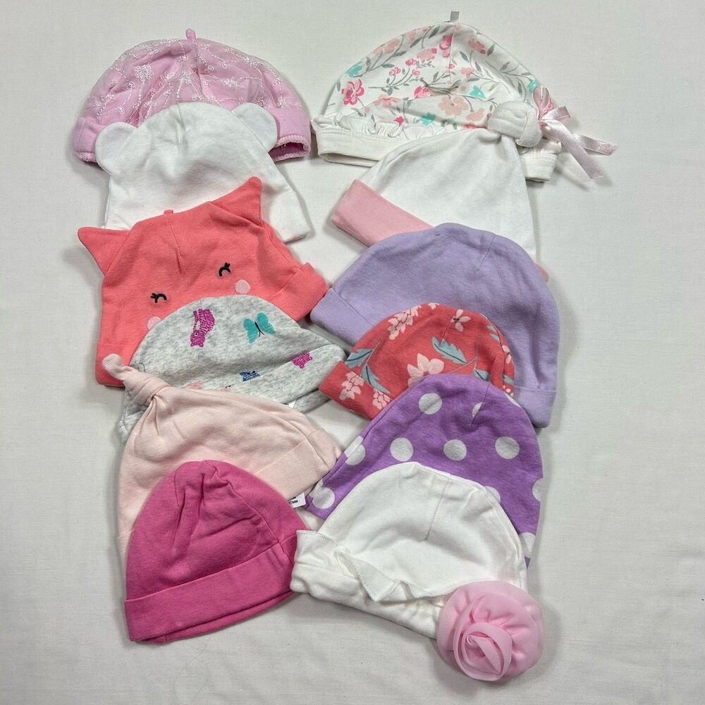 Infant Baby Girl Beanie Hats LOT 3 0-6 6 9 Months Floral Pink Purple Cute Photos